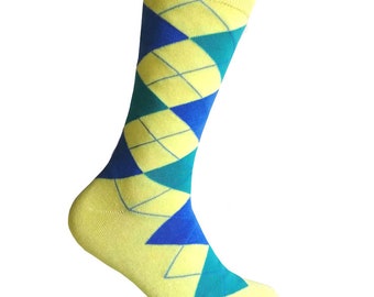 Men's Yellow with Sky Blue and Mint Green Color Argyle Dress Socks