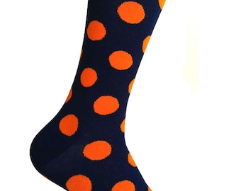 Men's Navy Blue with Orange Polka Dots Dress Socks