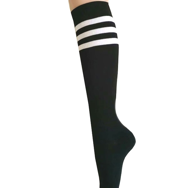 Women and Girls Roller Skate Retro Triple Stripes Tube Knee High Socks