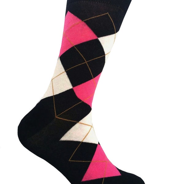 Men's Very Dark Navy Blue(Almost Black)/White/Bright Pink Argyle Dress Socks