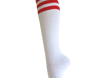 Women and Girls White with Triple Red Stripes Knee High Halloween Costume Dress Socks