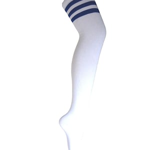 Women and Girls White with Triple Blue Stripes Halloween Costume Thigh High Dress Socks