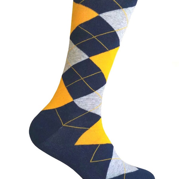 Triple M Plus Navy Blue with Gold Yellow and Gray Color Plaid Argyle Tartan Socks Necktie Bowtie Pocket Square in Various Package
