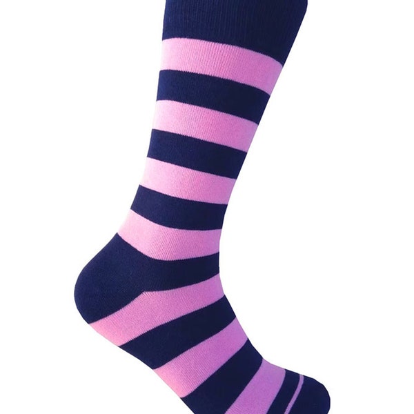 Men's Navy Blue with Pink Stripes Fashion Mid-calf Dress Socks