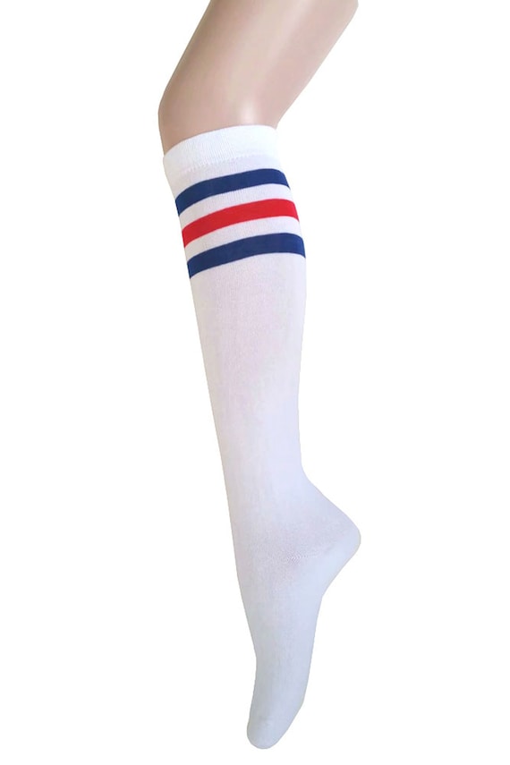 Calcetines hasta la rodilla para disfraz de Halloween, color blanco con  rayas rojas y azules, para mujeres y niñas -  España