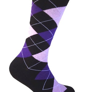 Triple M Plus Men&#39;s Black With Purple And Lavender Plaid Bowtie Necktie Pocket Square Argyle Dress Casual Sock in Various Package
