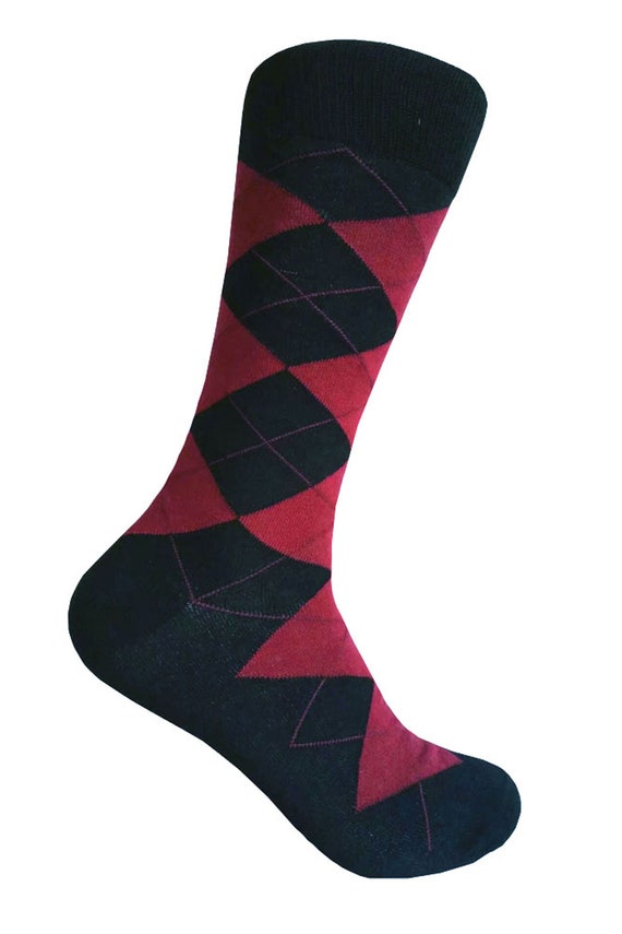 Men's Black and Wine(Burgundy/Claret/Sangria/Maroon) Color Argyle Dress Socks