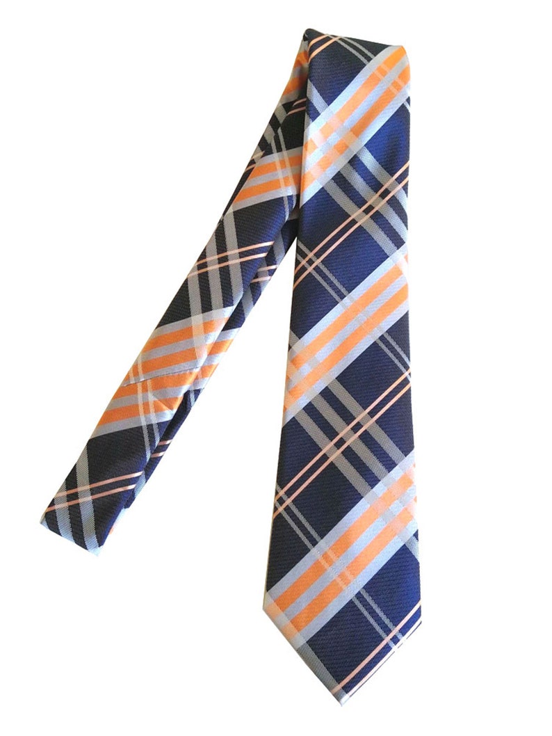 Navy Blue With Orange and Light Heather Gray Color Necktie and Matching Color Argyle Socks Set for Men in Multi-occasion