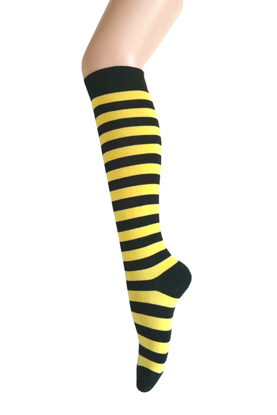 Calcetines hasta la rodilla negros con rayas de cebra amarillas para mujer  y niña