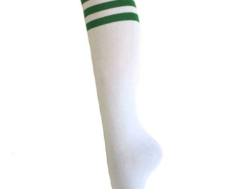 Women and Girls White with Triple Green Stripes Halloween Costume Knee High Dress Socks