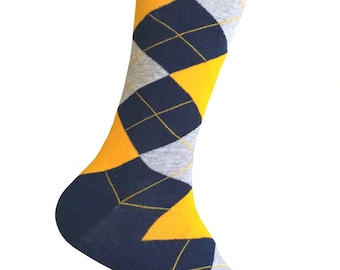 Prime Navy Color Men's Argyle Plaid Tartan Mid-calf Knee High Necktie Set Dress Casual Socks