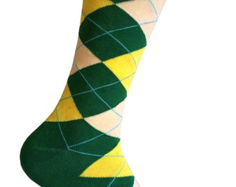 Men's Green/Light Yellow/Cream Color Argyle Dress Socks