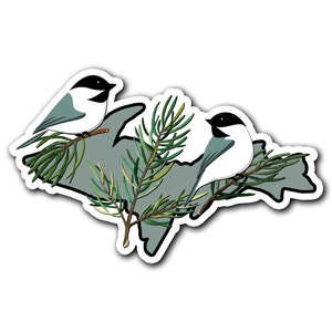 May include: A sticker featuring a stylized outline of the state of Michigan with two black-capped chickadees perched on pine branches.