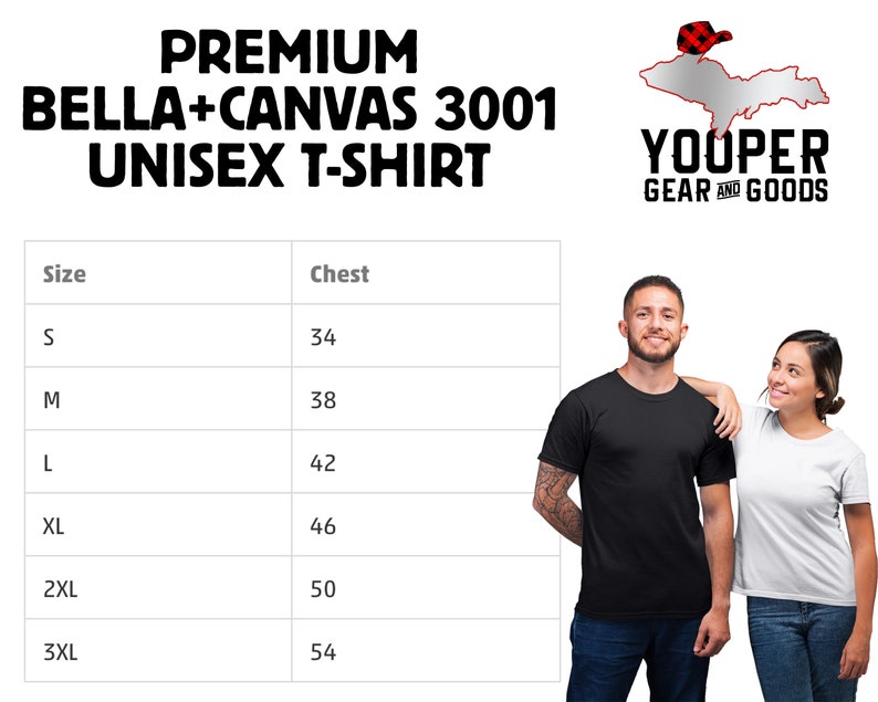 May include: Size chart for a unisex t-shirt made by Bella + Canvas. The chart shows chest measurements in inches for sizes S, M, L, XL, 2XL, and 3XL. The chart is displayed on a white background with a black border.
