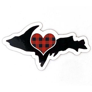 May include: Black silhouette of the Upper Peninsula of Michigan with a red and black buffalo plaid heart in the center.
