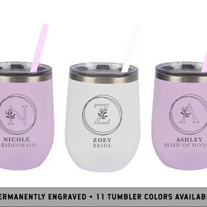 FLORAL FRAME Wine Tumbler Custom Floral Alphabet Bridesmaid Tumbler Wedding Day Favors Bridal Party Gift Bachelorette Tumblers image 1