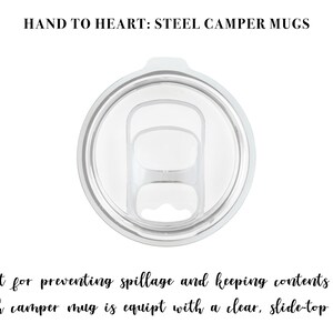 May include: Close-up of a clear, slide-top lid for a stainless steel camper mug. The lid has a silicone seal to prevent spills.