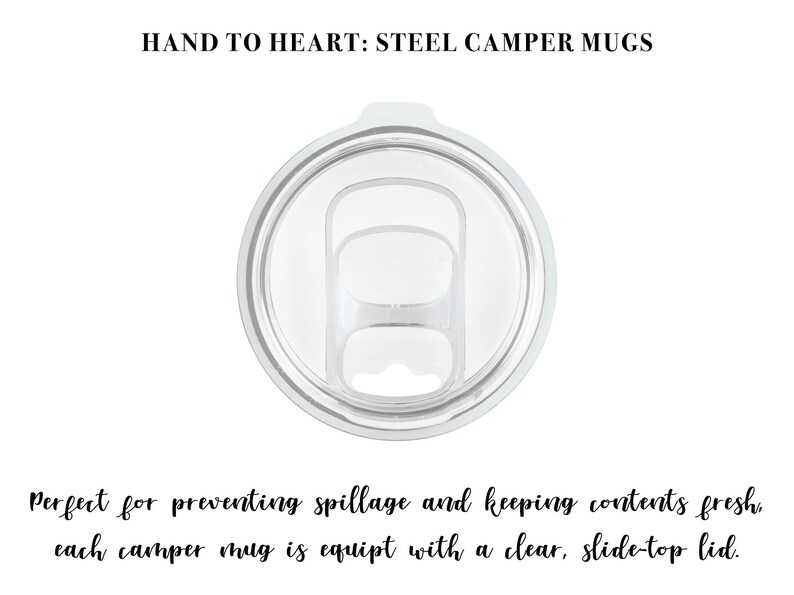 May include: Close-up of a clear, slide-top lid for a stainless steel camper mug. The lid has a silicone seal to prevent spills.
