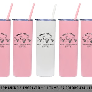 May include: Five pink and white stainless steel tumblers with straws. Each tumbler has a black and white graphic of flamingos with the text "Splish Splash Jenna's Bachelorette Bath Miami, FL".