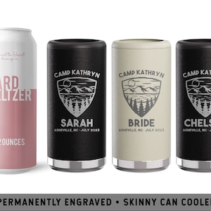Camp Bachelorette Skinny Can Cooler | Hiking Bachelorette Party | Camping Badge Bachelorette | Rustic Bachelorette Favors | Glamping Cups
