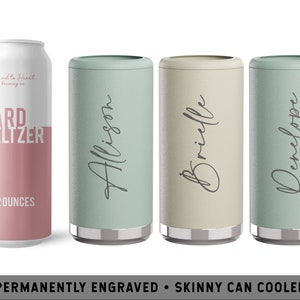 Custom Engraved Skinny Can Cooler | Personalized Slim Can Holder | Script Bachelorette Favor | Bridal Party Favors | Simple Bridesmaid Cup