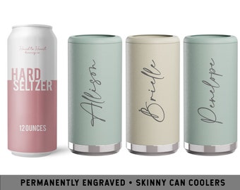 Custom Engraved Skinny Can Cooler | Personalized Slim Can Holder | Script Bachelorette Favor | Bridal Party Favors | Simple Bridesmaid Cup