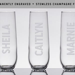 ENGRAVED CHAMPAGNE GLASSES | Custom Bridesmaid Champagne Flutes | Wedding Party Champagne Glasses | Permanently Engraved Wine Glass