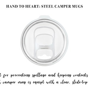May include: Close-up of a clear, slide-top lid for a stainless steel camper mug. The lid has a silicone seal to prevent spills.