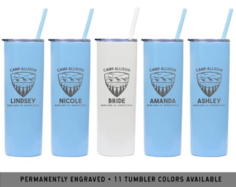 CAMP BACHELORETTE Skinny Tumblers | Rustic Bridal Party Gifts | Outdoor Bachelorette Party Cup | Camp Badge Party Cups | Glamp bachelorette