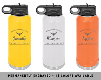 TEXAS LONGHORN Water Bottle | Custom Engraved Water Bottle | Simple Water Bottle with Straw | Longhorn Sports Bottle | Texas Water Bottles