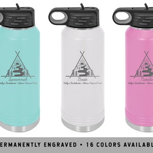 CAMP BADGE Water Bottle | Custom Camping Water Bottle | Water Bottle with Straw | Personalized Sports Bottle | Mountain Water Bottle