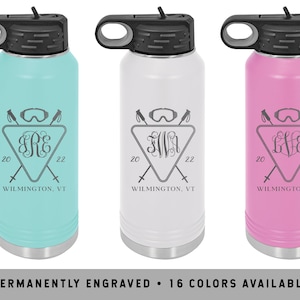 SKI MONOGRAM Water Bottle | Custom Camping Water Bottle | Water Bottle with Straw | Personalized Sports Bottle | Glamping Water Bottle