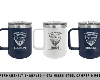 CAMP BACHELORETTE Camper Mug | Glamping Bachelorette Party | Camp Badge bachelorette mug | Bachelorette Hiking Mugs | Bachelorette Favors