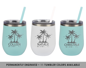 PALM TREE TUMBLER | Custom Wine Tumbler| Beach Bachelorette Favors | Palm Tree Wine Tumbler | Beach Vacation Tumblers | Tropical Beach Cups