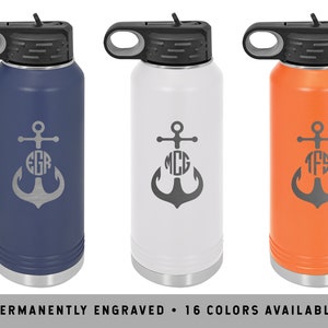 ANCHOR MONOGRAM Water Bottle | Custom Nautical Water Bottle | Water Bottle with Straw | Personalized Sports Bottle | Monogrammed Bottle