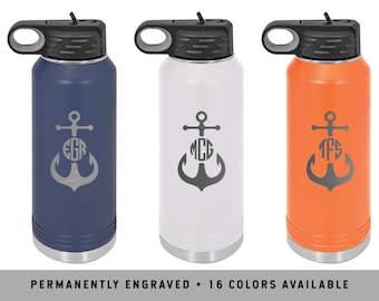 ANCHOR MONOGRAM Water Bottle | Custom Nautical Water Bottle | Water Bottle with Straw | Personalized Sports Bottle | Monogrammed Bottle