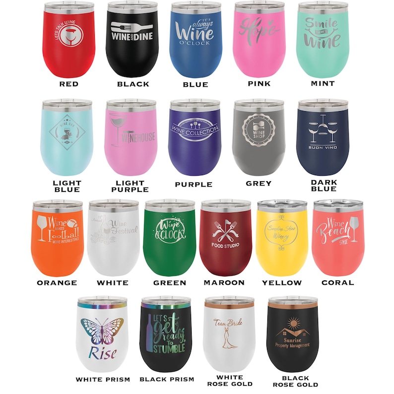 a group of wine glasses with names on them