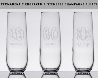 MONOGRAMMED CHAMPAGNE GLASSES | Custom Bridesmaid Champagne Flutes | Maid of Honor Champagne Glasses | Permanently Engraved Wine Glass