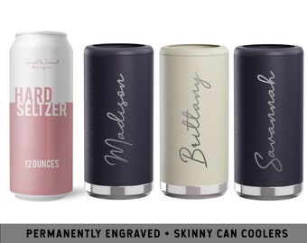 Custom Engraved Skinny Can Cooler | Personalized Slim Can Holder | Script Bachelorette Favor | Bridal Party Favors | Simple Bridesmaid Cup