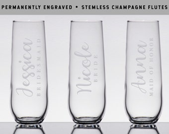 BRIDAL CHAMPAGNE GLASSES | Custom Bridesmaid Champagne Flutes | Maid of Honor Champagne Glasses | Permanently Engraved Wine Glass