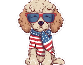Patriotic Goldendoodle Sticker: 4th of July Puppy Decal