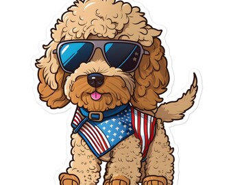 4th of July Goldendoodle Sticker, Puppy, American Flag (Vinyl)