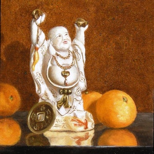 Buddha Print Of Oranges And Money, Livingroom Painting, Sill Life with Buddha, Realism Painting, Giclee On Paper, Contemplative