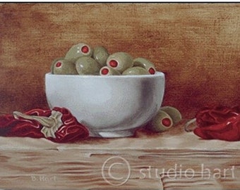 Olives Bowl w/ Chilis - Southwestern Art w/ Cooking Theme,  Food Print, Kitchen Wall Artwork, Good Housewarming Gift,UnFramed