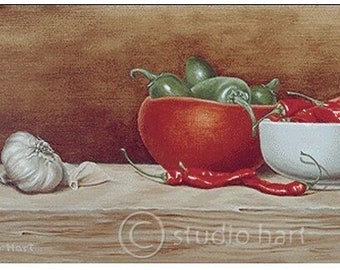 Garlic w/ Jalapenos - Southwestern Art w/ Chilis Print, Painting for Kitchen, Kitchen Wall Decor, Food Artwork -UnFramed