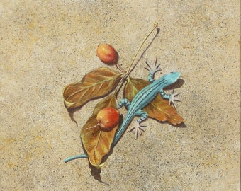 Lizard Blues w/ Crab Apples - Giclee on Watercolor Paper-Animal Artwork-Nature- Reptile Print-Unframed-Brenda Hart