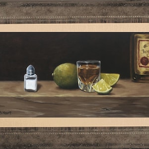 May include: A still life painting of a shot glass filled with a dark liquid, a lime wedge, a whole lime, a salt shaker, and a bottle of Jose Cuervo Especial tequila.
