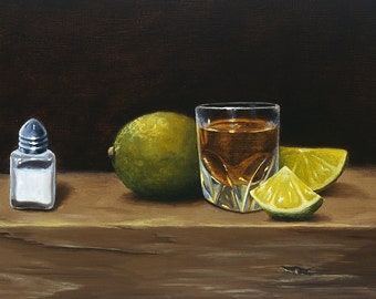 Tequila Shots w / Salt-Giclee Print on Paper Liquor Artwork, Painting For Bar Area, Un-framed, Living Room Wall Decor, Realistic Painting