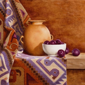 May include: Still life painting featuring a tan ceramic vase, a white bowl filled with dark purple plums, and several plums scattered on a wooden surface. A colorful patterned textile drapes over the surface.