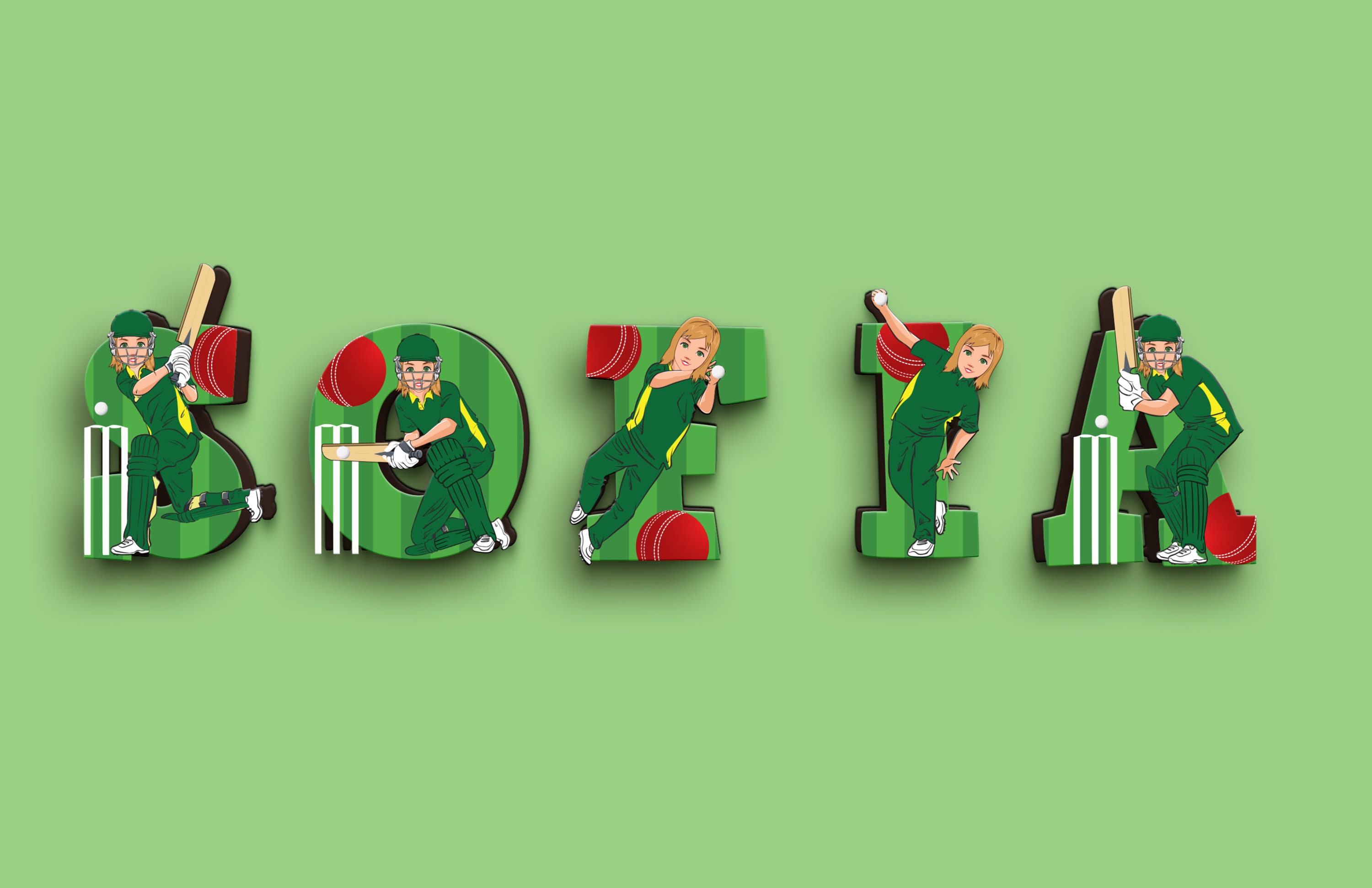 Girls Cricket Players Sports Wooden Letters With Illustrated Faces ...